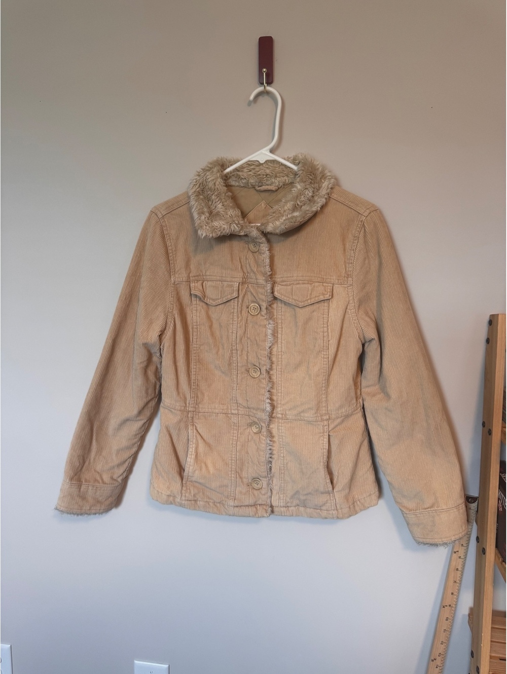 Vintage Sonoma Tan Corduroy Jacket with Faux Fur Trim Collar Boho Y2K Size S